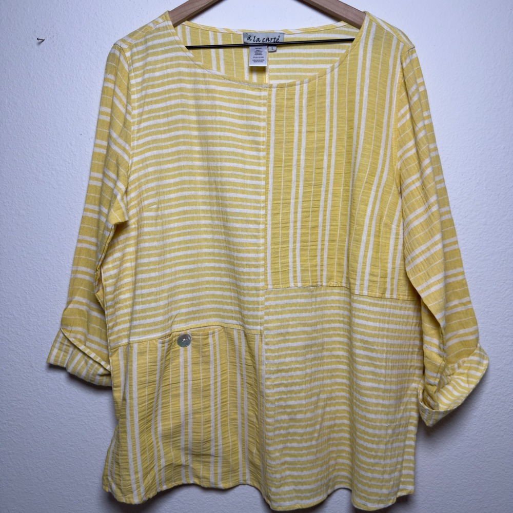 NEW A La Carte Women Linen Cotton Tunic Top Large Yellow White Striped Patchwork
